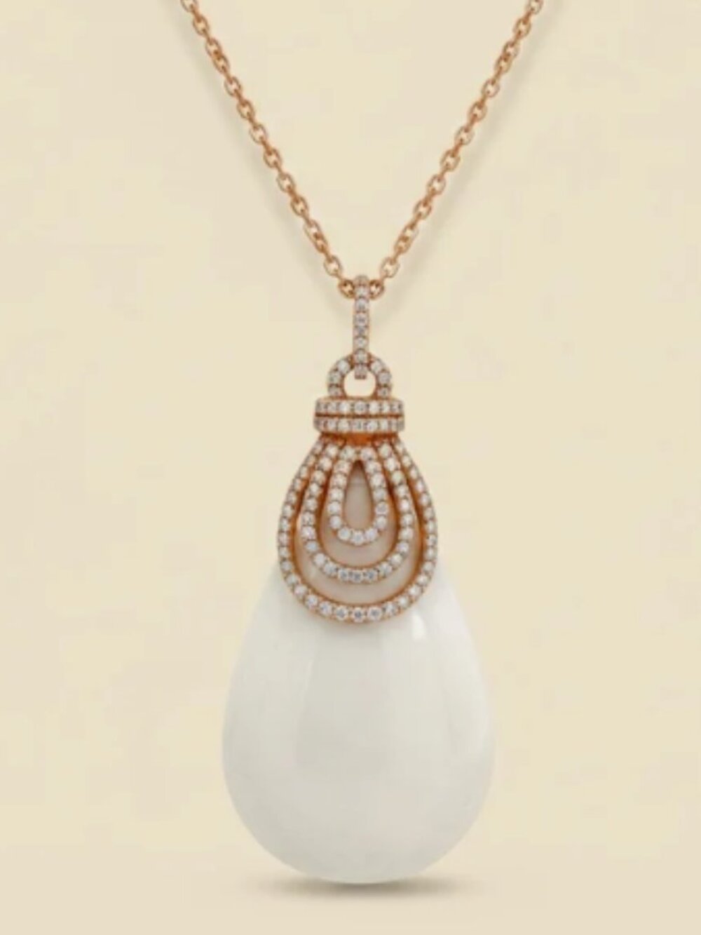 18K Diamond White Cryptocrystalline Quartz Teardrop Pendant Heirloom Necklace